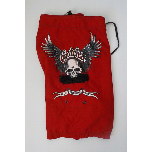 Vintage Gotcha Red Surf Swim Board Shorts Men Size 36 Skull Angel Print - Picture 9 of 13
